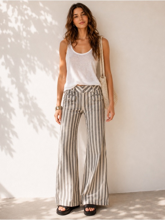 Anthropologie Pants - NWT Anthropologie Striped Wide Leg Full Length Pants Beige Navy Size 4